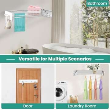 Muibe Upgrade 4 Knob Hooks Wall Mounted Clothes Drying Rack, Foldable Collapsible Wall Mount Laundry Drying Rack Indoor, Drying Rack Clothing, Towel Drying Rack with Wall Template, 4 Rods, 23.6"