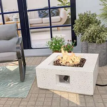 HOMPUS Outdoor Propane Fire Pit, 40,000 BTU 27-inch Square White Terrazzo Concrete Fire Table Gas Fi...