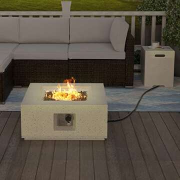 HOMPUS Outdoor Propane Fire Pit, 40,000 BTU 27-inch Square White Terrazzo Concrete Fire Table Gas Fire Pit w Lava Rocks and Rain Cover for Outdoor, Deck or Backyard
