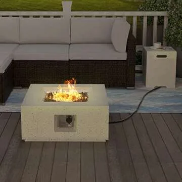HOMPUS Outdoor Propane Fire Pit, 40,000 BTU 27-inch Square White Terrazzo Concrete Fire Table Gas Fire Pit w Lava Rocks and Rain Cover for Outdoor, Deck or Backyard