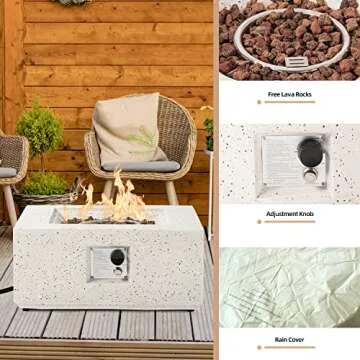 HOMPUS Outdoor Propane Fire Pit, 40,000 BTU 27-inch Square White Terrazzo Concrete Fire Table Gas Fire Pit w Lava Rocks and Rain Cover for Outdoor, Deck or Backyard