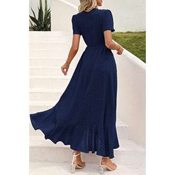 PRETTYGARDEN Women's Summer Wrap Maxi Dress Casual Boho Floral V Neck Short Sleeve Ruffle Hem Split Beach Long Dresses (Z_Navy,Small)
