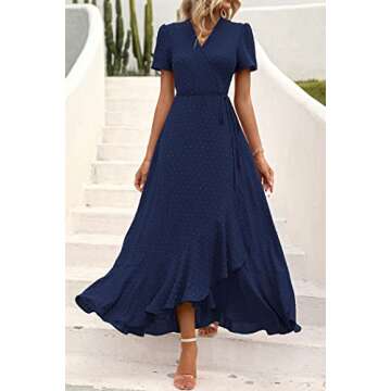 PRETTYGARDEN Women's Summer Wrap Maxi Dress Casual Boho Floral V Neck Short Sleeve Ruffle Hem Split Beach Long Dresses (Z_Navy,Small)
