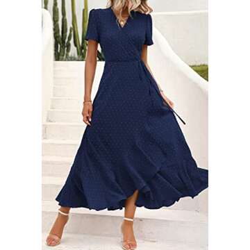 PRETTYGARDEN Women's Summer Wrap Maxi Dress Casual Boho Floral V Neck Short Sleeve Ruffle Hem Split Beach Long Dresses (Z_Navy,Small)