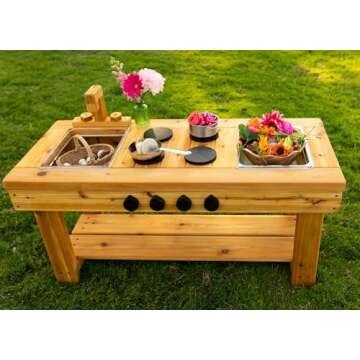 Noble Toys XL Cedar Outdoor Mud Kitchen Centered with Stovetop for Toddlers and Kids | Pretend Play ...