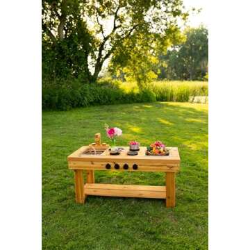Noble Toys XL Cedar Outdoor Mud Kitchen Centered with Stovetop for Toddlers and Kids | Pretend Play Toddler Table | Sensory Table | Outside Playset | Real Wooden Kitchens | Preschool Equipment
