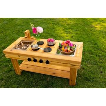 Noble Toys XL Cedar Outdoor Mud Kitchen Centered with Stovetop for Toddlers and Kids | Pretend Play Toddler Table | Sensory Table | Outside Playset | Real Wooden Kitchens | Preschool Equipment