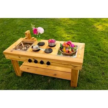 Noble Toys XL Cedar Outdoor Mud Kitchen Centered with Stovetop for Toddlers and Kids | Pretend Play Toddler Table | Sensory Table | Outside Playset | Real Wooden Kitchens | Preschool Equipment