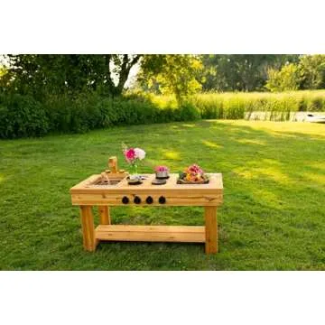 Noble Toys XL Cedar Outdoor Mud Kitchen Centered with Stovetop for Toddlers and Kids | Pretend Play Toddler Table | Sensory Table | Outside Playset | Real Wooden Kitchens | Preschool Equipment