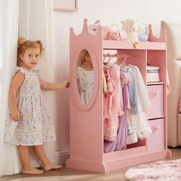 GTOLV Kids Dress up Storage with Mirror, 2 Storage Bins & Cloth Hanger, Kids Play Armoire Dresser Pr...