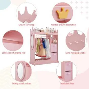 GTOLV Kids Dress up Storage with Mirror, 2 Storage Bins & Cloth Hanger, Kids Play Armoire Dresser Pretend Storage Closet for Bedroom, Kids Room, Playroom (Pink)
