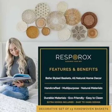 RESPOROX ELEGANCE YOUR WAY Set of 13 Hanging Woven Baskets for Wall Decor - Handcrafted Bamboo, Rattan & Seagrass Baskets come with Hanger Nails, Marking Pencil & Templates