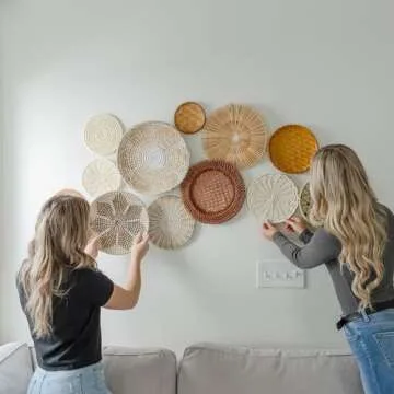 RESPOROX ELEGANCE YOUR WAY Set of 13 Hanging Woven Baskets for Wall Decor - Handcrafted Bamboo, Rattan & Seagrass Baskets come with Hanger Nails, Marking Pencil & Templates