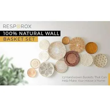 RESPOROX ELEGANCE YOUR WAY Set of 13 Hanging Woven Baskets for Wall Decor - Handcrafted Bamboo, Rattan & Seagrass Baskets come with Hanger Nails, Marking Pencil & Templates