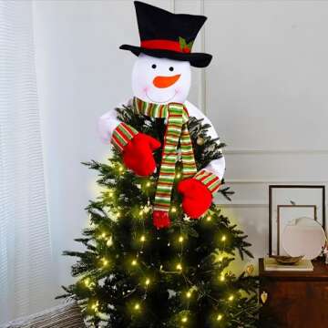 Christmas Tree Topper Snowman Hugger with Lights Strips - Xmas Holiday Winter Wonderland Party Decoration Ornament Supplies