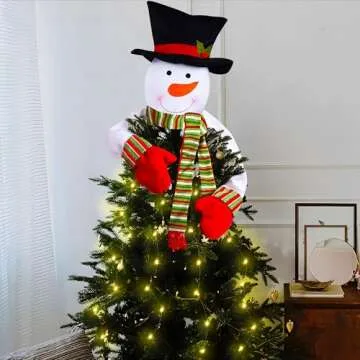 Christmas Tree Topper Snowman Hugger with Lights Strips - Xmas Holiday Winter Wonderland Party Decoration Ornament Supplies