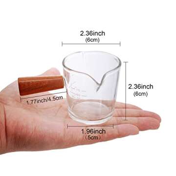 Double Spouts Measuring Cup with Wooden Handle Heat-Resistant Espresso Shot Glasses 3.5oz Mini Sauce...