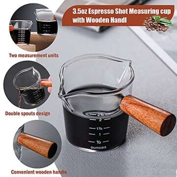 Double Spouts Measuring Cup with Wooden Handle Heat-Resistant Espresso Shot Glasses 3.5oz Mini Sauce Pitcher for Milk Coffee Tea Wine Cocktail