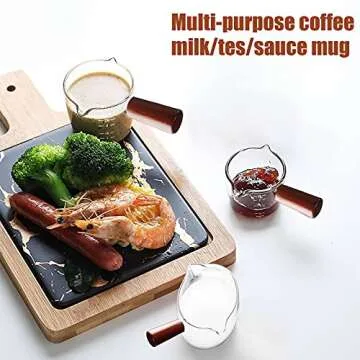 Double Spouts Measuring Cup with Wooden Handle Heat-Resistant Espresso Shot Glasses 3.5oz Mini Sauce Pitcher for Milk Coffee Tea Wine Cocktail