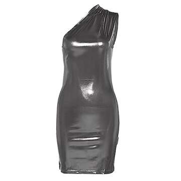 Famnbro Women's Metallic Dress Sleeveless One Shoulder Shiny Bodycon Sexy Club Mini Dresses