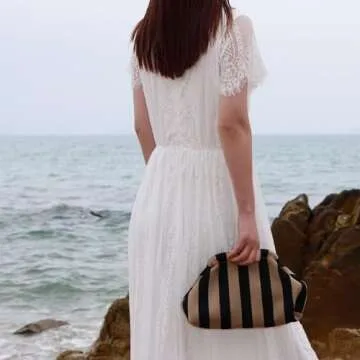 Oweisong Summer Woven Clutch Purse for Women 2025 Crochet Stripped Beach Bag Hot Pink Spring Purse Evening Handbag