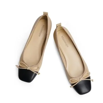 Modatope Womens Nude Flats Shoes Ballet Ballerina Bow Bowknot Two Tone Slip on Closed Square Cap Toe...