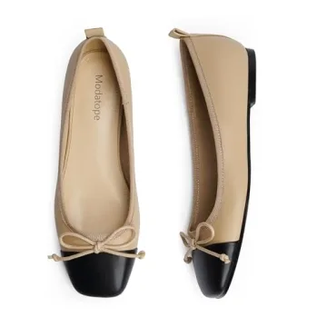 Modatope Womens Nude Flats Shoes Ballet Ballerina Bow Bowknot Two Tone Slip on Closed Square Cap Toe Flats Dress Shoes Size 8