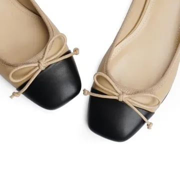 Modatope Womens Nude Flats Shoes Ballet Ballerina Bow Bowknot Two Tone Slip on Closed Square Cap Toe Flats Dress Shoes Size 8