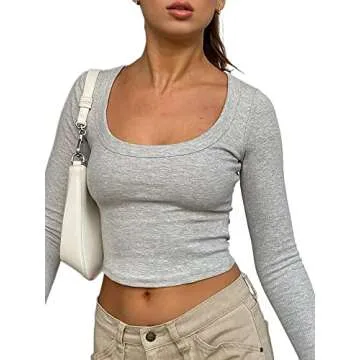 KMBANGI Women Low Cut Crop Shirt Long Sleeve Fitted Knit Tshirts Top Cutout Cropped Square Neck Tee ...