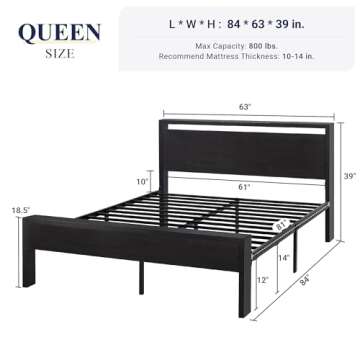 Allewie Queen Size Platform Bed Frame: Heavy Duty, Rustic Style, Easy Assembly