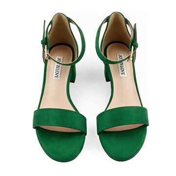 JOY IN LOVE Women's Chunky Low Heels Ankle Strap Open Toe Block Heel Sandals in Green Suede Size 7US