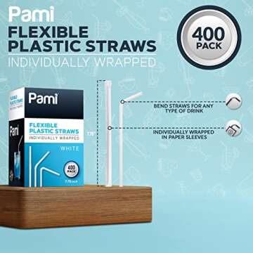 PAMI Flexible Plastic Bent Straws, Individually Wrapped [Pack of 400] - 7.75” White Drinking Straw...