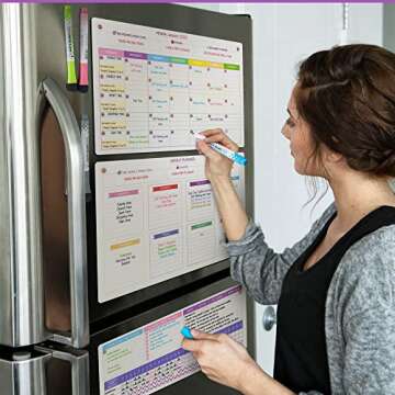 Magnetic Whiteboard for Fridge - Large Dry Erase Calendar for Wall | 2 Magnetic Dry Erase Board 10.5" x 16.5" & 7" x 16.5", Monthly Goal Setting & Habit Tracker, 5 Markers and 6 Adhesive Hooks