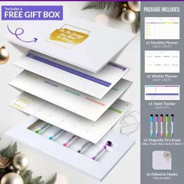 Magnetic Whiteboard for Fridge - Large Dry Erase Calendar for Wall | 2 Magnetic Dry Erase Board 10.5" x 16.5" & 7" x 16.5", Monthly Goal Setting & Habit Tracker, 5 Markers and 6 Adhesive Hooks