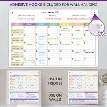 Magnetic Whiteboard for Fridge - Large Dry Erase Calendar for Wall | 2 Magnetic Dry Erase Board 10.5" x 16.5" & 7" x 16.5", Monthly Goal Setting & Habit Tracker, 5 Markers and 6 Adhesive Hooks