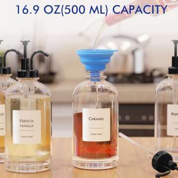 16.9 oz/500 ml Coffee Syrup Dispenser Set - 4 Glass Bottles with Black Pumper and Syrup Labels - Pre...