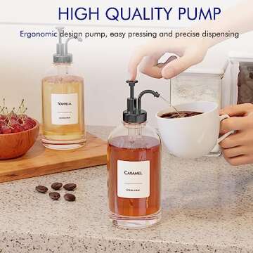 16.9 oz/500 ml Coffee Syrup Dispenser Set - 4 Glass Bottles with Black Pumper and Syrup Labels - Precise Dispensing and Stylish Addition to Coffee Shop, Cafe or Home Bar