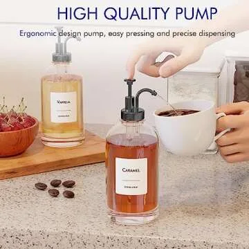 16.9 oz/500 ml Coffee Syrup Dispenser Set - 4 Glass Bottles with Black Pumper and Syrup Labels - Precise Dispensing and Stylish Addition to Coffee Shop, Cafe or Home Bar