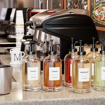 16.9 oz/500 ml Coffee Syrup Dispenser Set - 4 Glass Bottles with Black Pumper and Syrup Labels - Precise Dispensing and Stylish Addition to Coffee Shop, Cafe or Home Bar