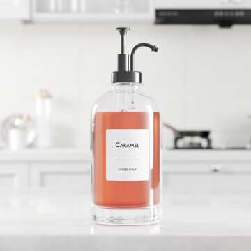 16.9 oz/500 ml Coffee Syrup Dispenser Set - 4 Glass Bottles with Black Pumper and Syrup Labels - Precise Dispensing and Stylish Addition to Coffee Shop, Cafe or Home Bar