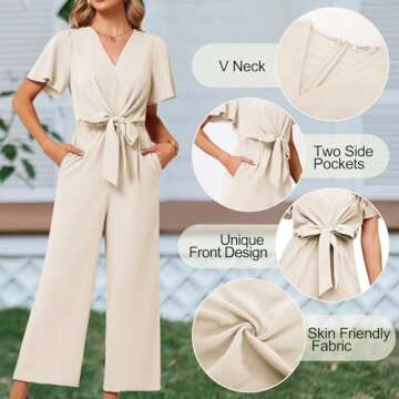 JASAMBAC Short Sleeves Jumpsuit V Neck Elegant for Womens Dressy Casual 2025 One Piece Long Pant Rom...