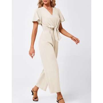 JASAMBAC Short Sleeves Jumpsuit V Neck Elegant for Womens Dressy Casual 2025 One Piece Long Pant Romper Outfits with Pockets
