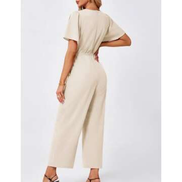 JASAMBAC Short Sleeves Jumpsuit V Neck Elegant for Womens Dressy Casual 2025 One Piece Long Pant Romper Outfits with Pockets