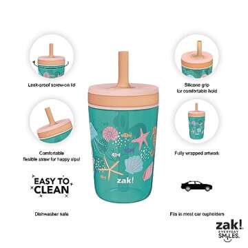 Zak Designs Shells Kelso Tumbler Set, Leak-Proof Screw-On Lid with Straw, Bundle for Kids Includes Plastic and Stainless Steel Cups with Bonus Sipper (3pc Set, Non-BPA) 15 fl.oz.