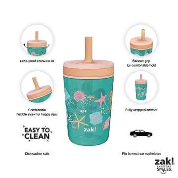Zak Designs Shells Kelso Tumbler Set, Leak-Proof Screw-On Lid with Straw, Bundle for Kids Includes Plastic and Stainless Steel Cups with Bonus Sipper (3pc Set, Non-BPA) 15 fl.oz.