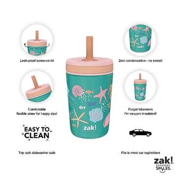 Zak Designs Shells Kelso Tumbler Set, Leak-Proof Screw-On Lid with Straw, Bundle for Kids Includes Plastic and Stainless Steel Cups with Bonus Sipper (3pc Set, Non-BPA) 15 fl.oz.