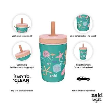 Zak Designs Shells Kelso Tumbler Set, Leak-Proof Screw-On Lid with Straw, Bundle for Kids Includes Plastic and Stainless Steel Cups with Bonus Sipper (3pc Set, Non-BPA) 15 fl.oz.