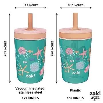Zak Designs Shells Kelso Tumbler Set, Leak-Proof Screw-On Lid with Straw, Bundle for Kids Includes Plastic and Stainless Steel Cups with Bonus Sipper (3pc Set, Non-BPA) 15 fl.oz.