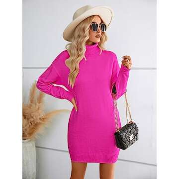 SENFURE Women Sweater Dress Turtleneck Long Sleeve Soft Sweater Knitted Pullover Dress for Fall Winter Rose Red