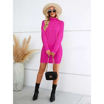 SENFURE Women Sweater Dress Turtleneck Long Sleeve Soft Sweater Knitted Pullover Dress for Fall Winter Rose Red